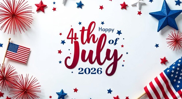 4th of July Wishes 2026 modern banner with American flag and fireworks