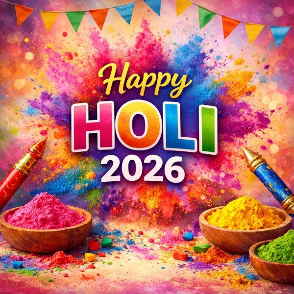 Happy Holi Wishes 2026 with colorful background