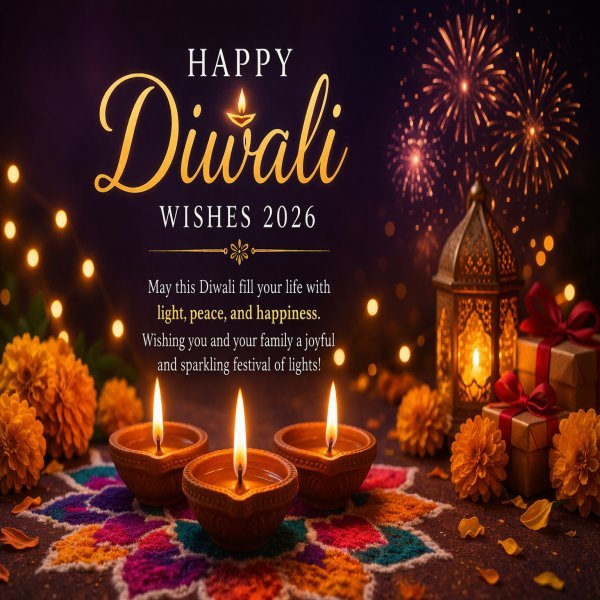 Happy Diwali Wishes 2026 image with diyas, rangoli, lights and festive decorations
