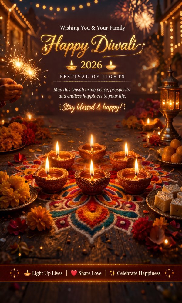 Happy Diwali Wishes 2026 greeting card with diyas, fireworks, lantern and festive background
