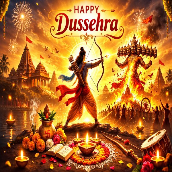 Happy Dussehra 2026 Wishes celebration with Lord Rama and Ravana effigy burning