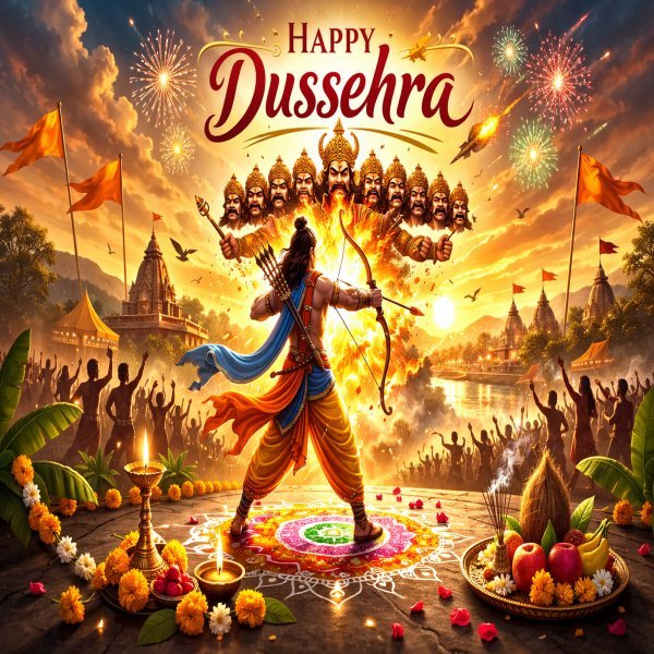 Happy Dussehra 2026 Wishes celebration with Lord Rama and Ravana effigy burning