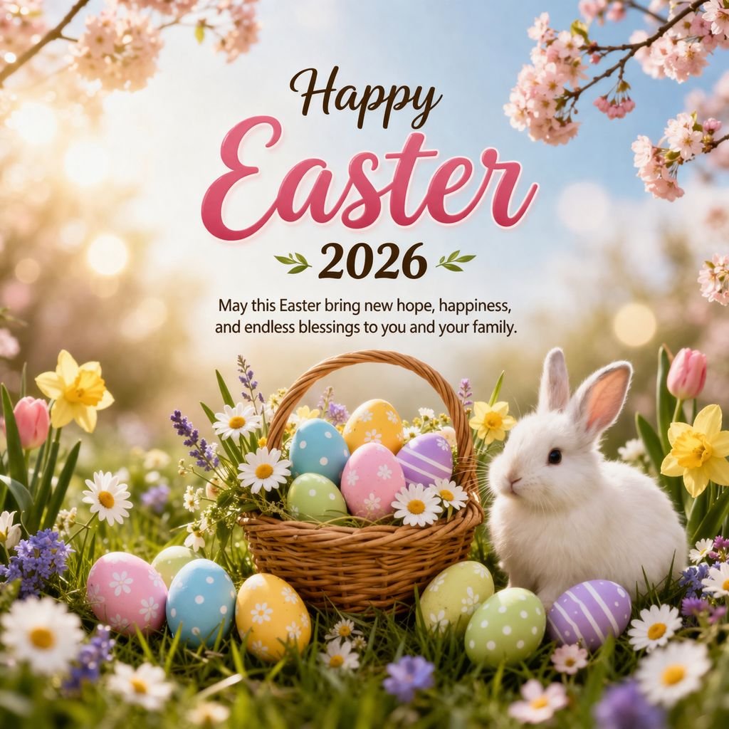 Happy Easter wishes 2026 image with eggs and flowers