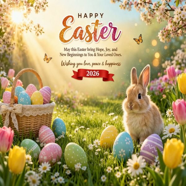 Happy Easter 2026 wishes image with eggs