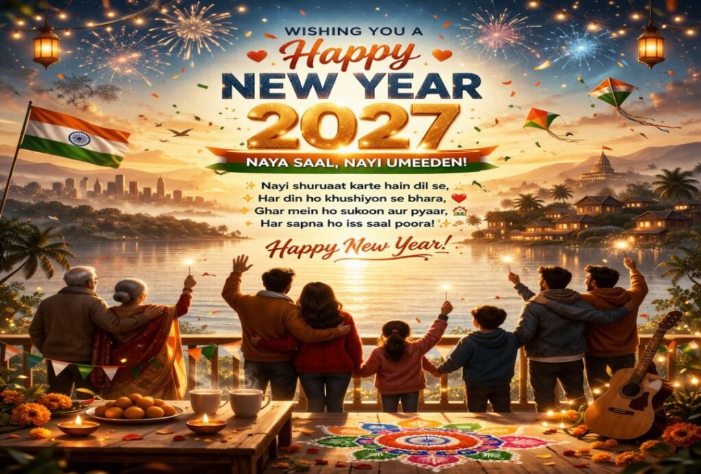 Happy New Year 2027 Wishes image with family celebrating, fireworks, and festive decorations