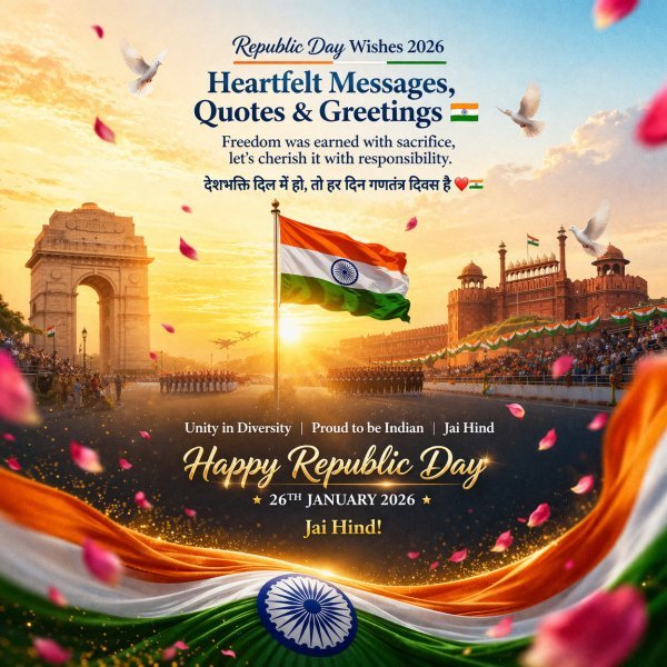 Happy Republic Day Wishes 2026 image with Indian tricolor flag, soldiers, crowd and patriotic message