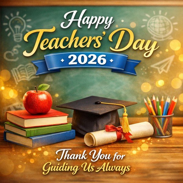 Happy Teachers Day 2026 wishes image with books and graduation cap