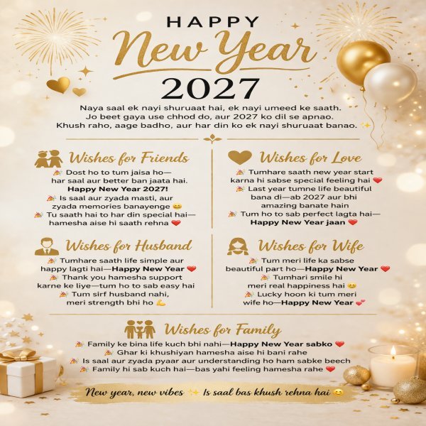 Happy New Year 2027 wishes greeting card with messages for friends, family, love, husband and wife