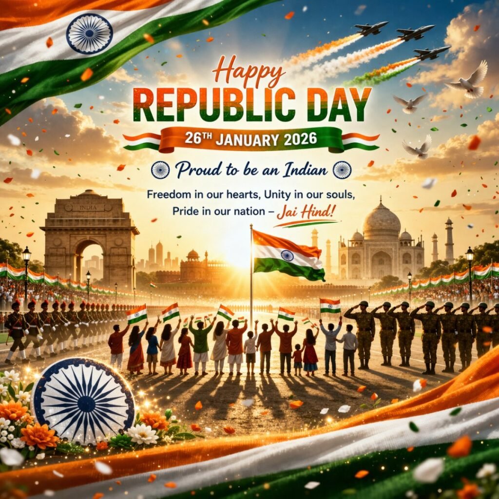 Republic Day Wishes 2027 patriotic image with Indian flag, India Gate, Red Fort and celebration scene