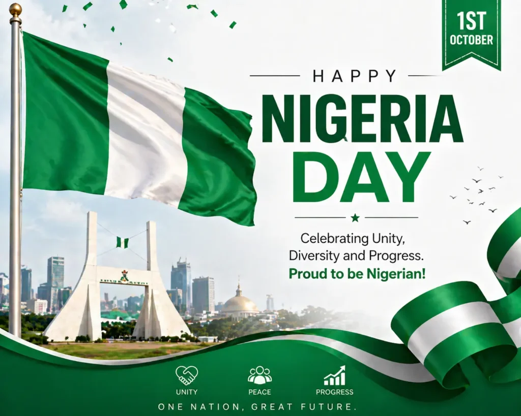Happy Nigeria Day celebration banner with Nigerian flag unity peace and progress design