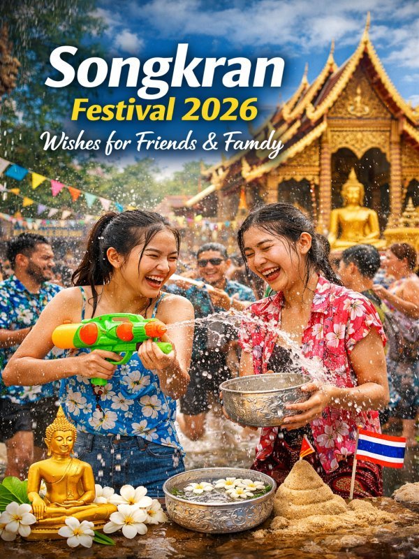 songkran festival 2026 Wishes thailand water celebration image with people splashing water