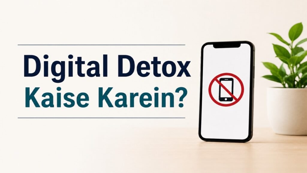 Digital Detox Kaise Karein? Screen time kam karne ke practical tips dikhata hua smartphone illustration.