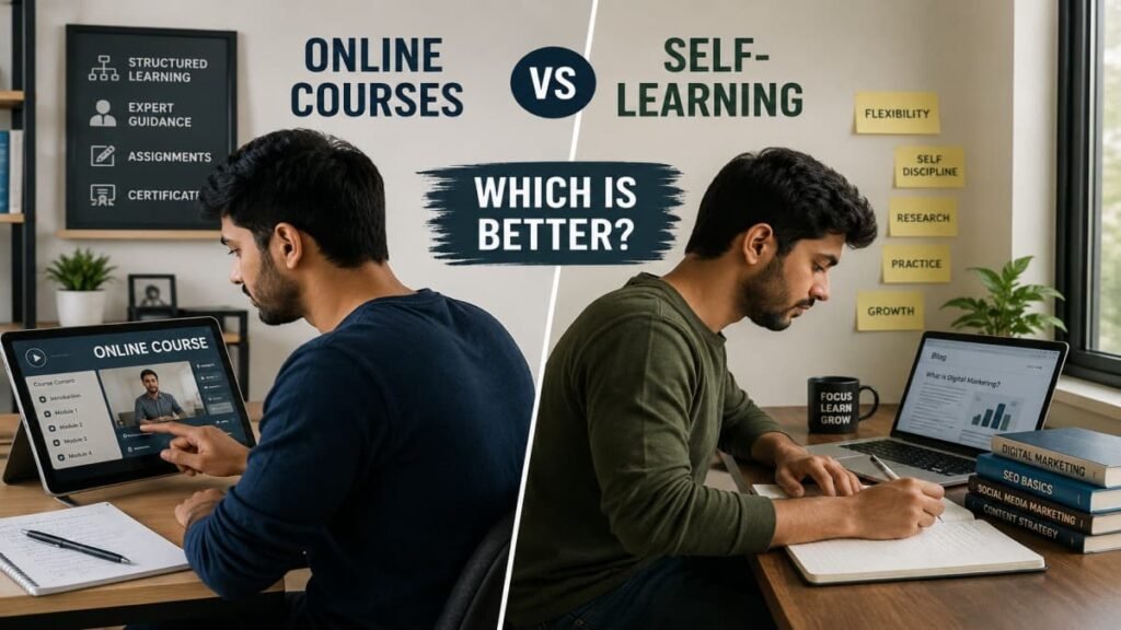 Online courses vs self-learning comparison showing a man learning through structured courses and independent self-study