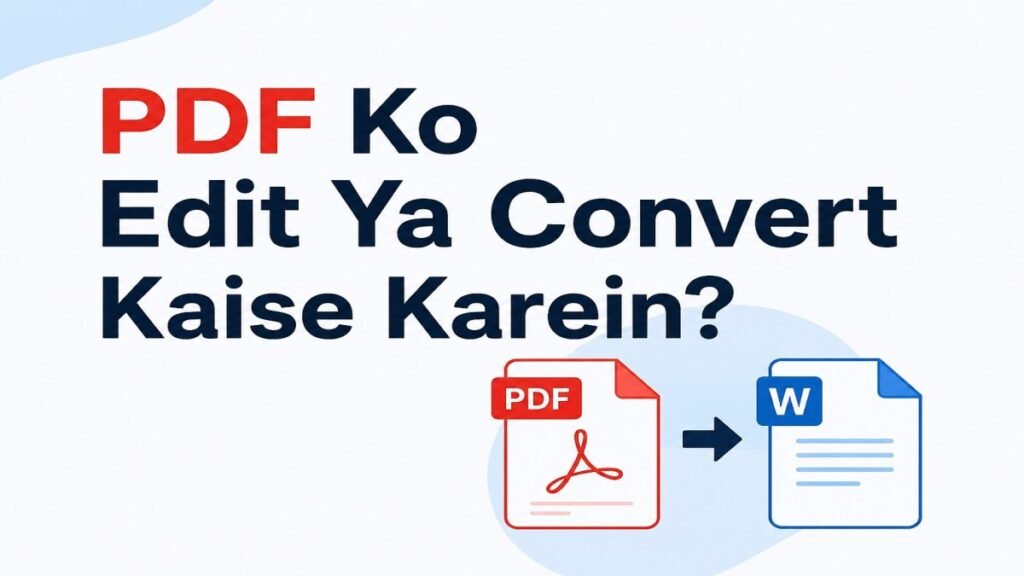 PDF Ko Edit Ya Convert Kaise Karein? Beginner guide banner showing PDF to Word document conversion.