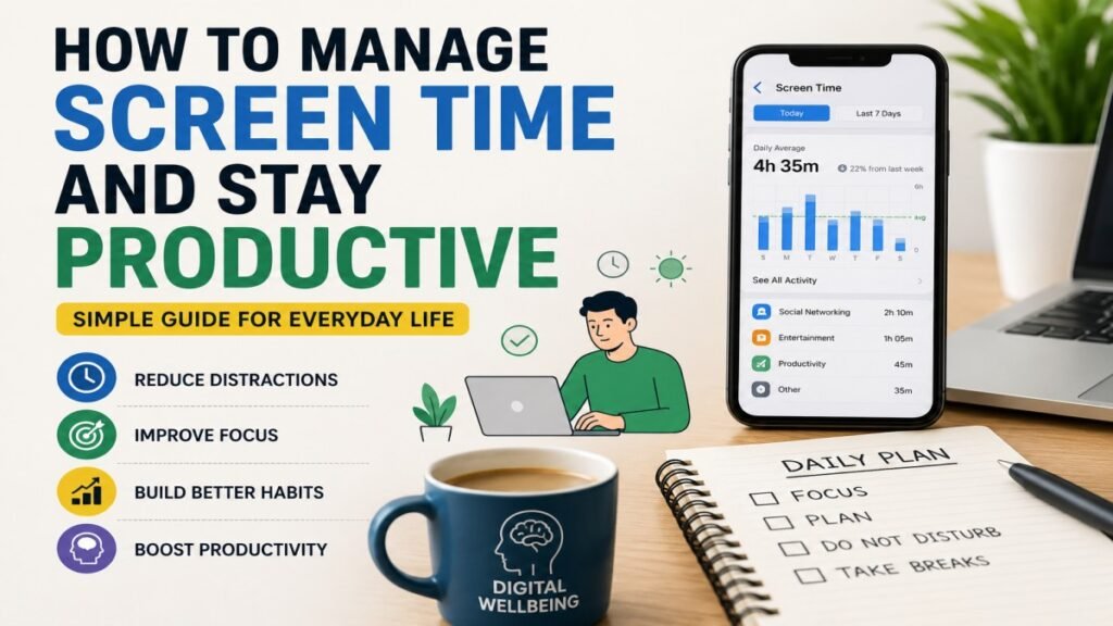 Screen time management guide showing a person improving focus, reducing distractions and building productive digital habits