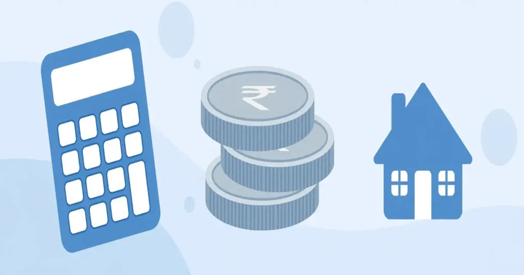 How to calculate EMI – illustration of a calculator with Indian rupee coins and a house icon