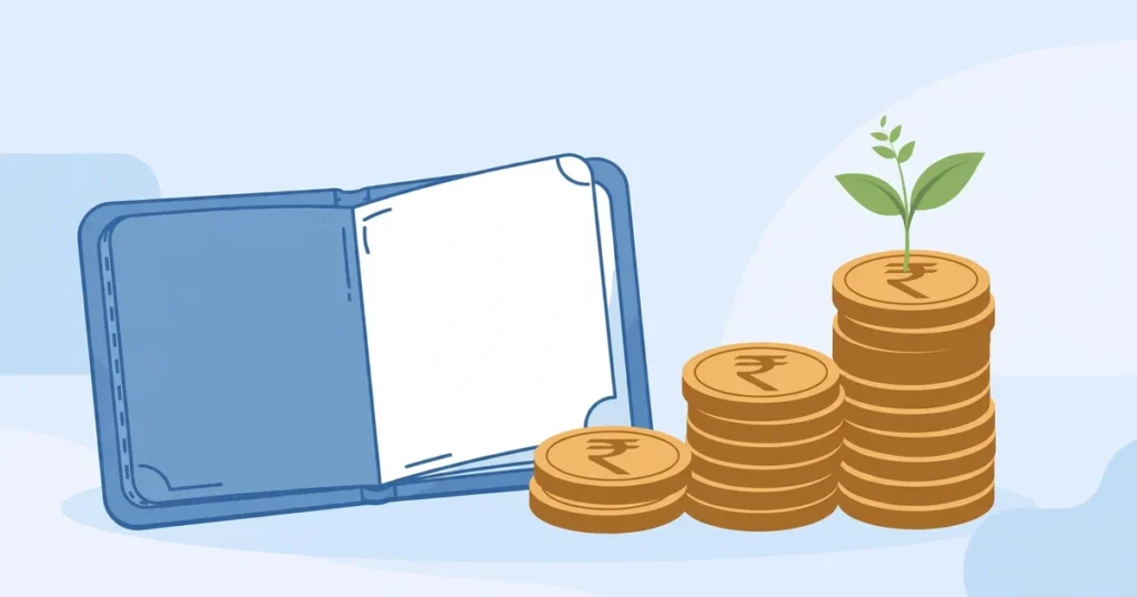 PPF calculator – passbook with rupee coins showing long-term savings growth